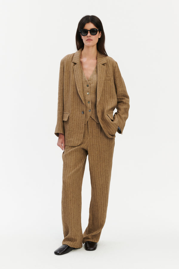 Delikatessen Unisex Oversized Unconstructed Layover Jacket In A Camel Fluid Italian Linen And Viscose