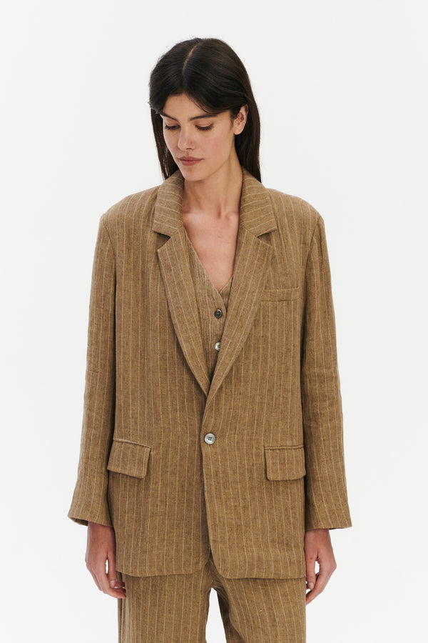 Delikatessen Unisex Oversized Unconstructed Layover Jacket In A Camel Fluid Italian Linen And Viscose