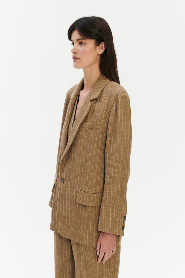 Delikatessen Unisex Oversized Unconstructed Layover Jacket In A Camel Fluid Italian Linen And Viscose