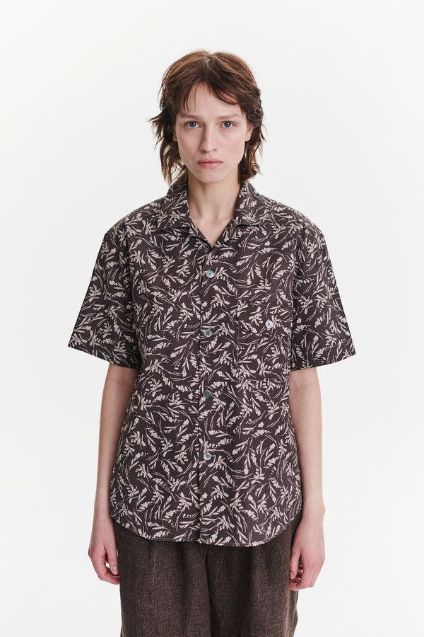 Delikatessen Unisex Short Sleeve Camp Collar Shirt In A Brown And Off White Floral Italian Cotton
