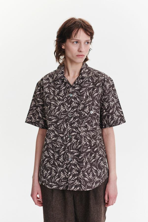 Delikatessen Unisex Short Sleeve Camp Collar Shirt In A Brown And Off White Floral Italian Cotton