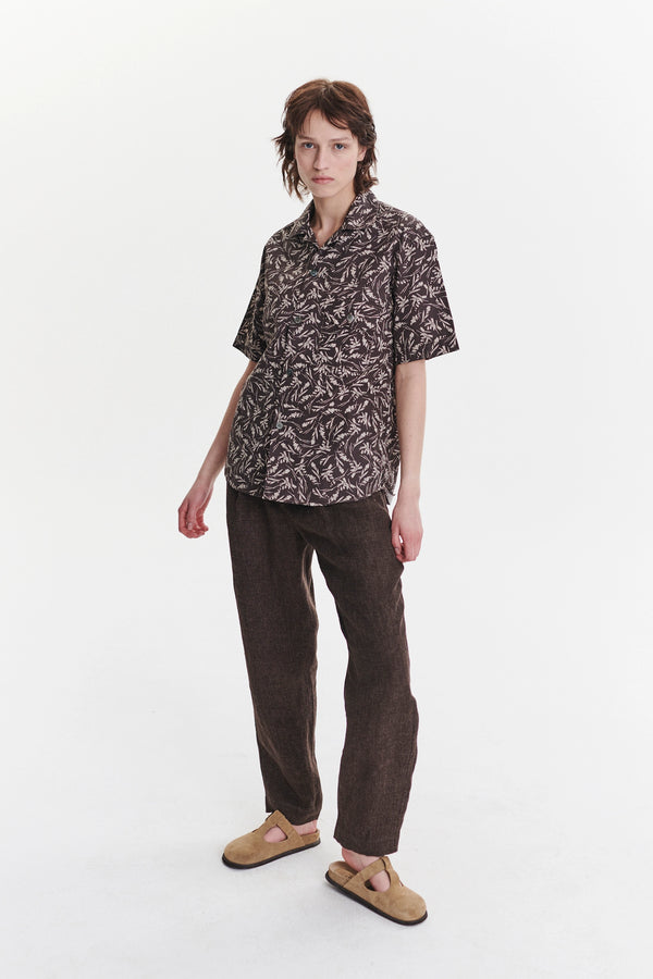 delikatessen Unisex Short Sleeve Camp Collar Shirt in a Brown and Off White Floral Italian Cotton