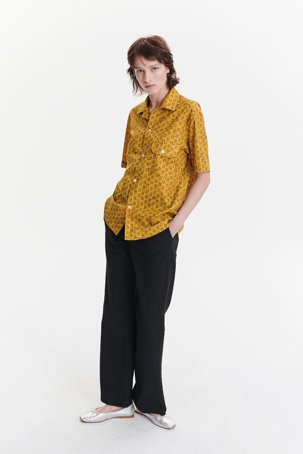 Delikatessen Unisex Short Sleeve Camp Collar Shirt In A Curcuma And Sepia Italian Cotton