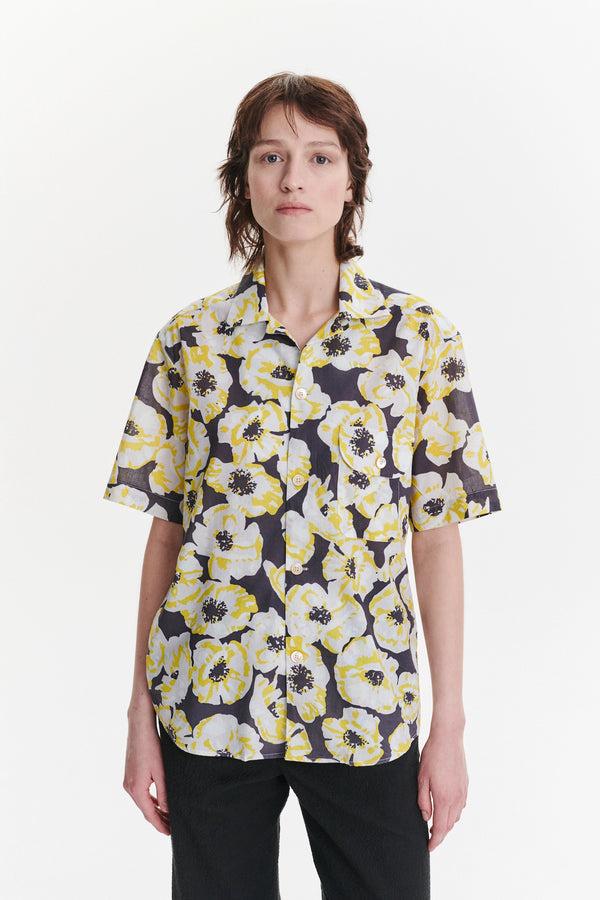 Delikatessen Unisex Short Sleeve Camp Collar Shirt In A Neon Yellow White And Brown Italian Cotton