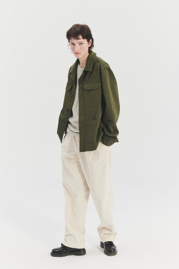 Delikatessen Unisex Workwear Jacket In The Finest Olive Green Italian Cotton And Wool Twill From Subalpino