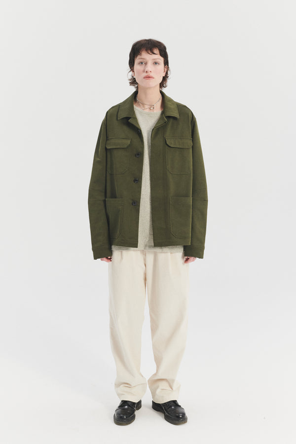 Delikatessen Unisex Workwear Jacket In The Finest Olive Green Italian Cotton And Wool Twill From Subalpino