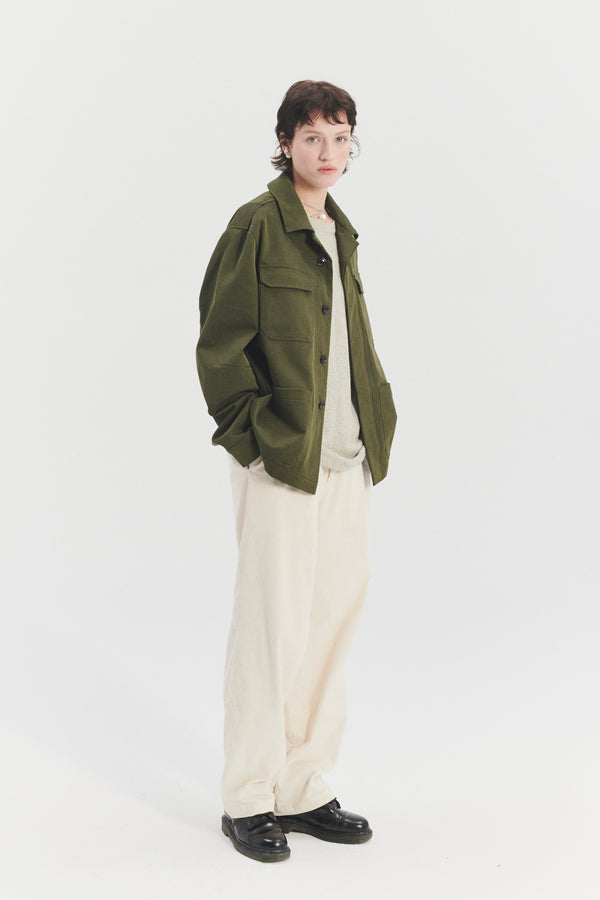 Delikatessen Unisex Workwear Jacket In The Finest Olive Green Italian Cotton And Wool Twill From Subalpino