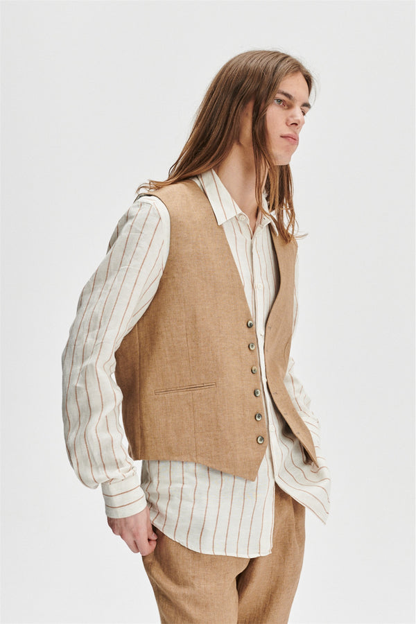 Delikatessen Vest In A Light Brown 100% Traceable Italian Linen By Albini