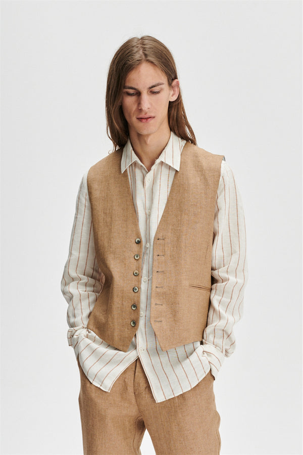 Delikatessen Vest In A Light Brown 100% Traceable Italian Linen By Albini