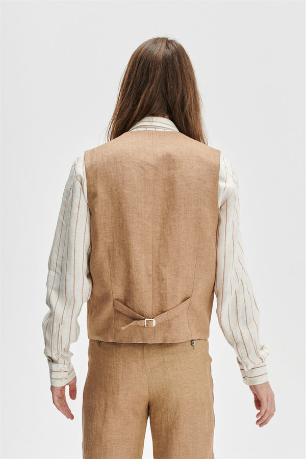 Delikatessen Vest In A Light Brown 100% Traceable Italian Linen By Albini