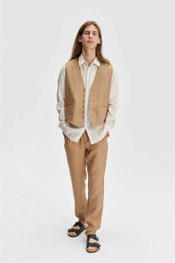 delikatessen Vest in a Light Brown 100% Traceable Italian Linen by Albini