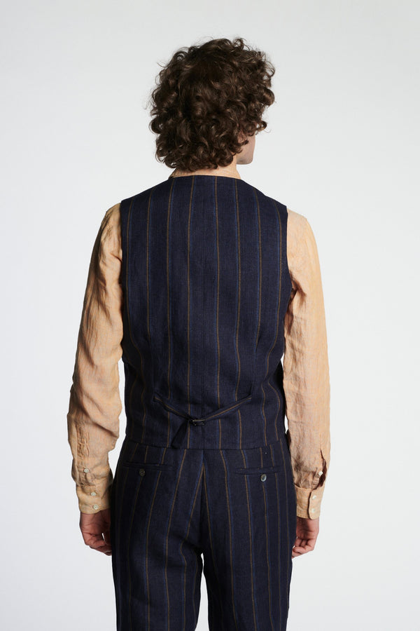 Delikatessen Vest In A Navy With Tonal Brown Blue Stripe Italian Linen
