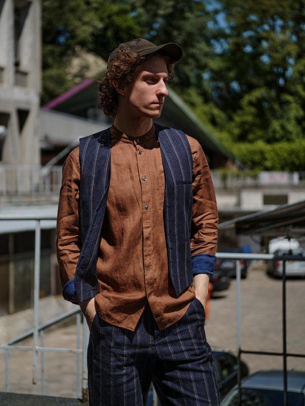 Delikatessen Vest In A Navy With Tonal Brown Blue Stripe Italian Linen