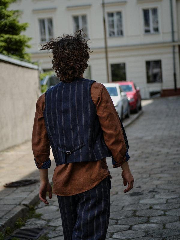 Delikatessen Vest In A Navy With Tonal Brown Blue Stripe Italian Linen