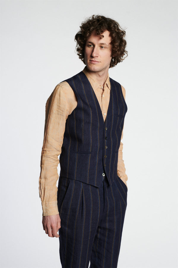 delikatessen Vest in a Navy with Tonal Brown Blue Stripe Italian Linen delikatessen Vest in a Navy with Tonal Brown Blue Stripe Italian Linen