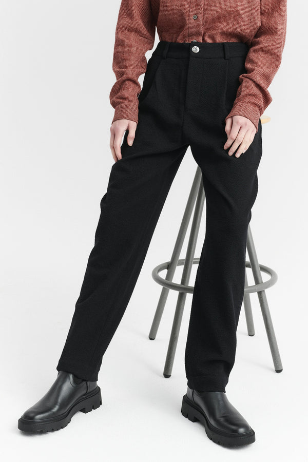 Delikatessen Women's Genuine Trousers In A Black Italian Virgin Wool And Cotton Seersucker