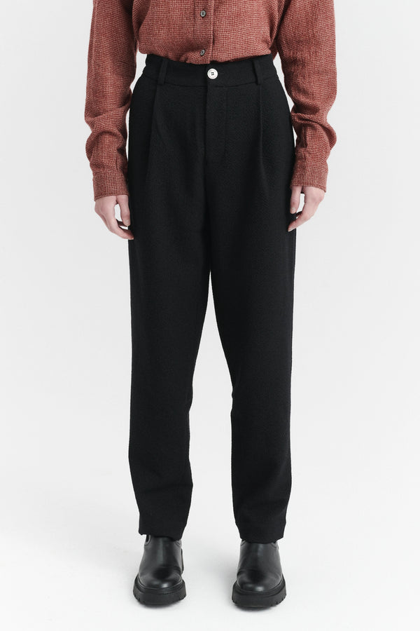 Delikatessen Women's Genuine Trousers In A Black Italian Virgin Wool And Cotton Seersucker