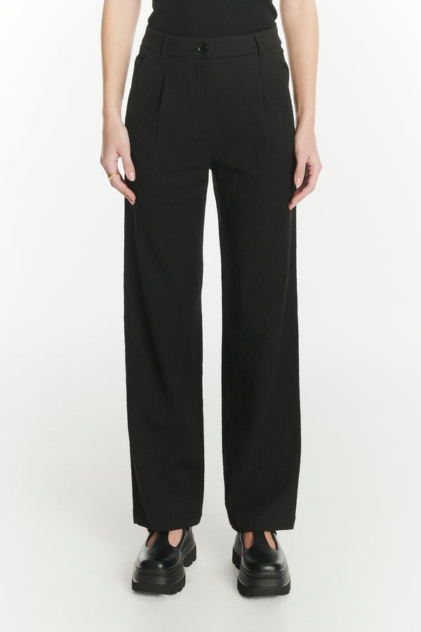 Delikatessen Women's Trousers In A Black Italian Cotton And Linen Seersucker
