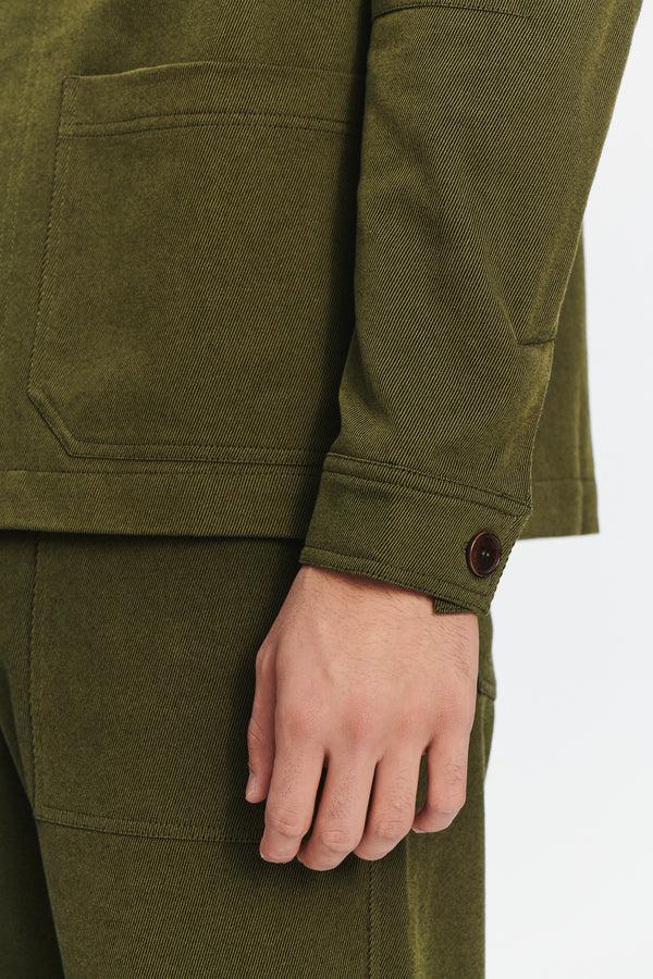 Delikatessen Workwear Jacket In The Finest Olive Green Italian Cotton And Wool Twill From Subalpino