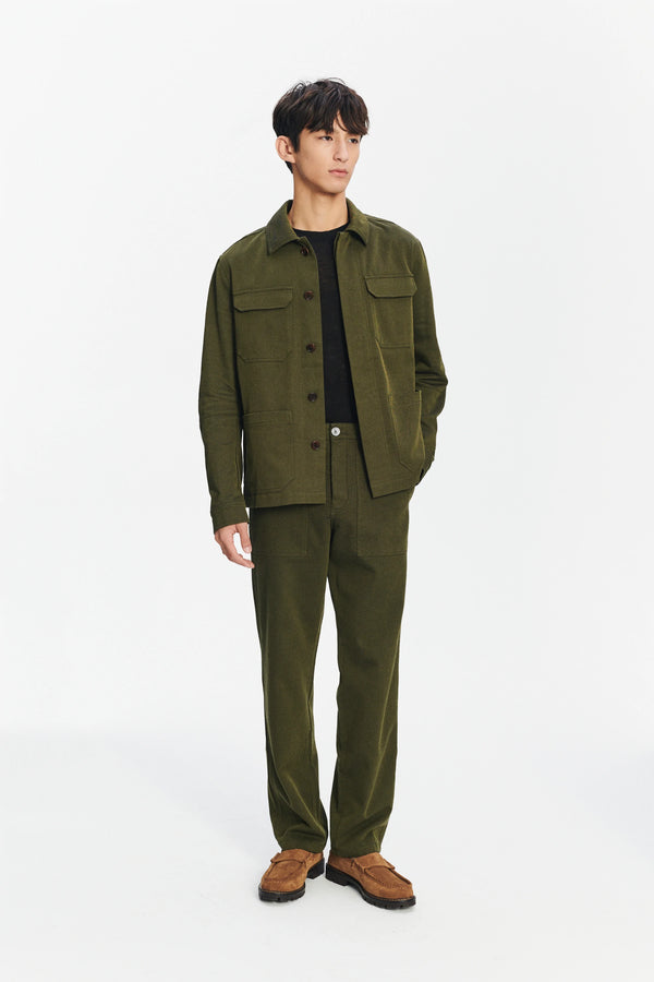Delikatessen Workwear Jacket In The Finest Olive Green Italian Cotton And Wool Twill From Subalpino