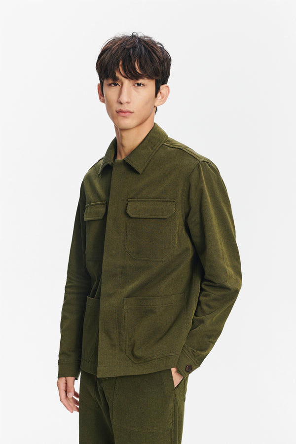 Delikatessen Workwear Jacket In The Finest Olive Green Italian Cotton And Wool Twill From Subalpino