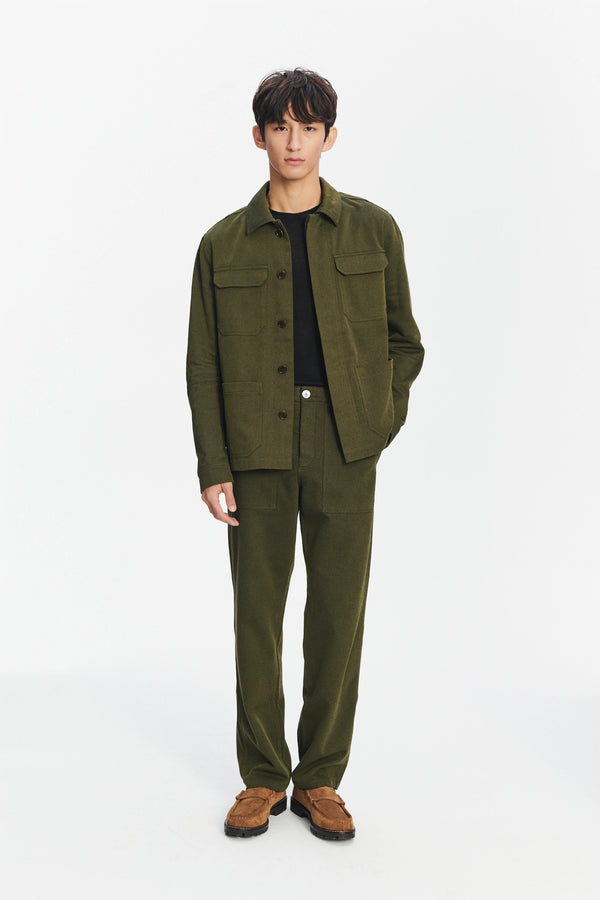delikatessen Workwear Jacket in the Finest Olive Green Italian Cotton and Wool Twill from Subalpino delikatessen Workwear Jacket in the Finest Olive Green Italian Cotton and Wool Twill from Subalpino