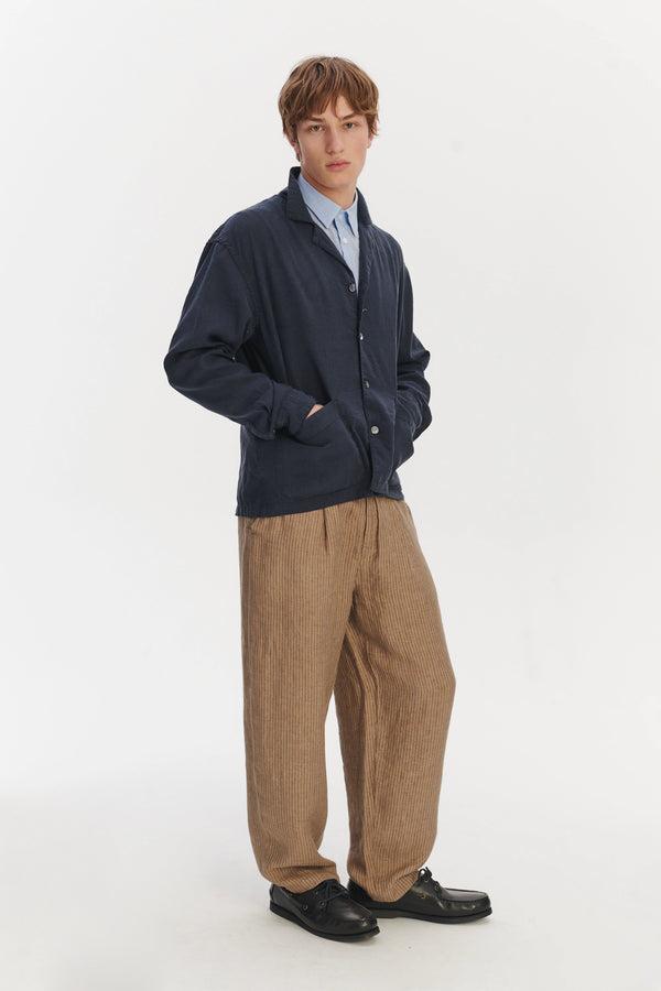 Delikatessen Workwear Overshirt In A Navy Blue Mix Of Japanese Linen And Silk