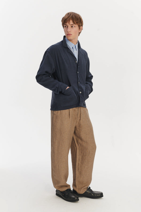 Delikatessen Workwear Overshirt In A Navy Blue Mix Of Japanese Linen And Silk