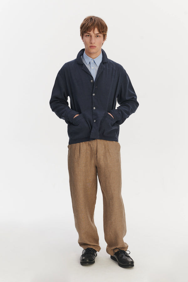 Delikatessen Workwear Overshirt In A Navy Blue Mix Of Japanese Linen And Silk