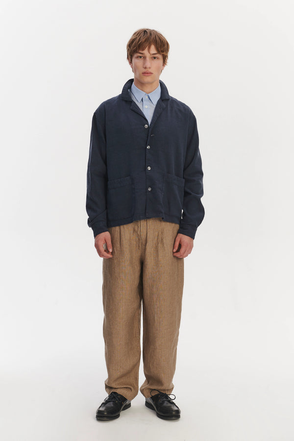 delikatessen Workwear Overshirt in a Navy Blue Mix of Japanese Linen and Silk