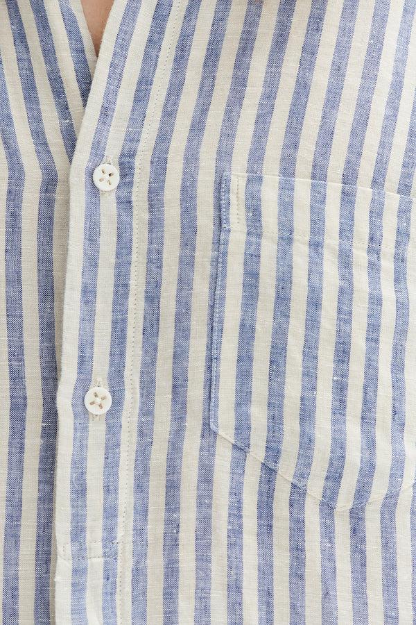 Delikatessen Zen Grandad Collar Shirt In A Creamy White And Blue Organic Italian Linen
