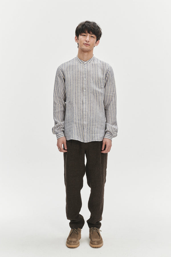 delikatessen Zen Grandad Collar Shirt in a Creamy White and Blue Organic Italian Linen
