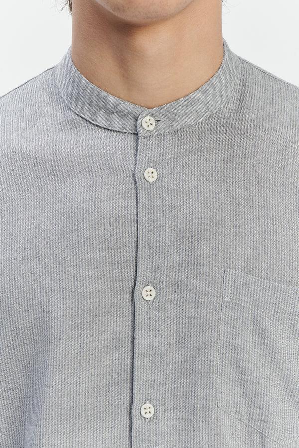 Delikatessen Zen Grandad Collar Shirt In A Grey Portuguese Merino Wool And Modal