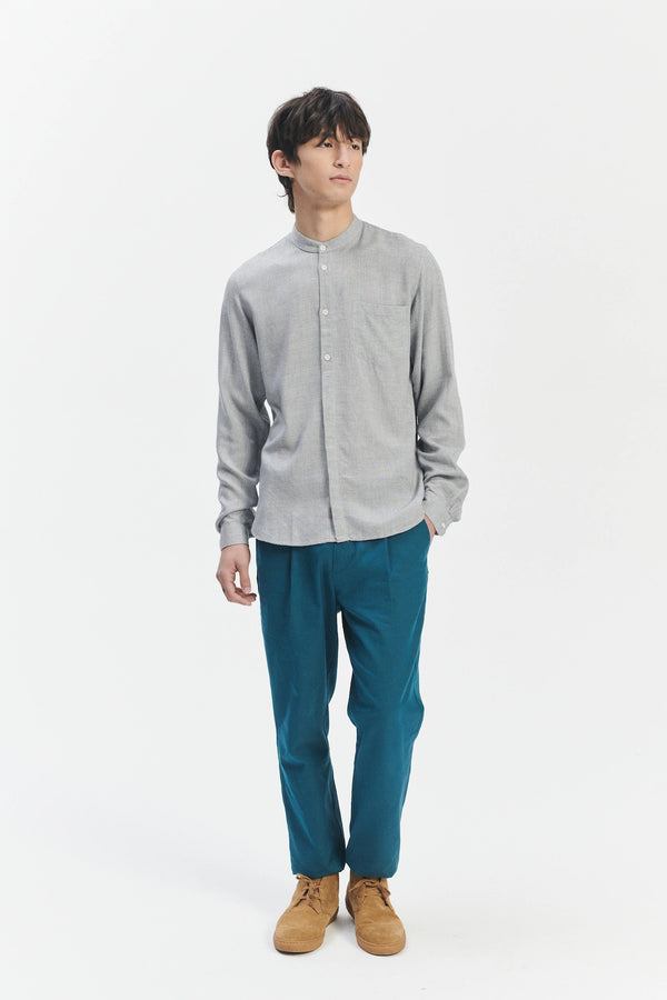 Delikatessen Zen Grandad Collar Shirt In A Grey Portuguese Merino Wool And Modal