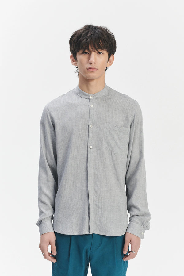 Delikatessen Zen Grandad Collar Shirt In A Grey Portuguese Merino Wool And Modal