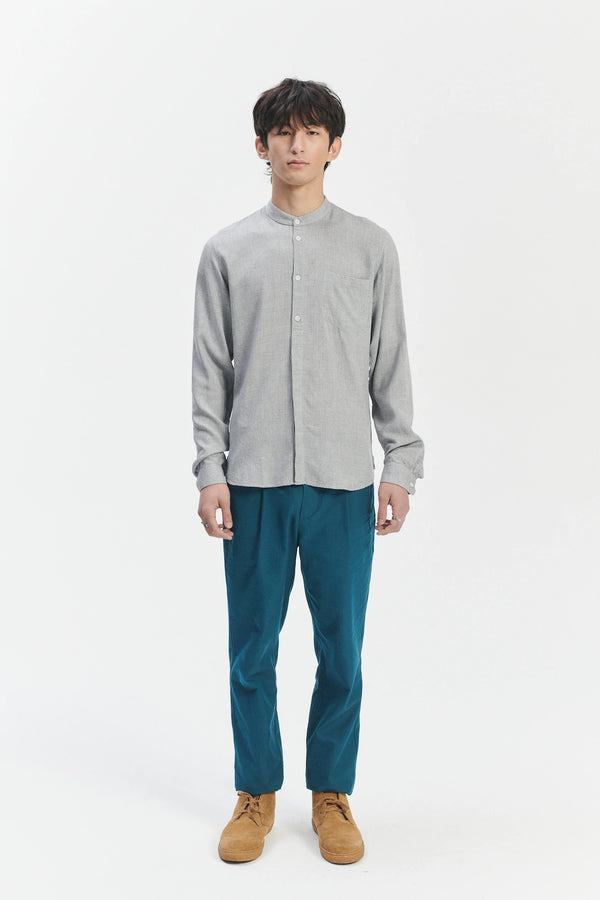 delikatessen Zen Grandad Collar Shirt in a Grey Portuguese Merino Wool and Modal