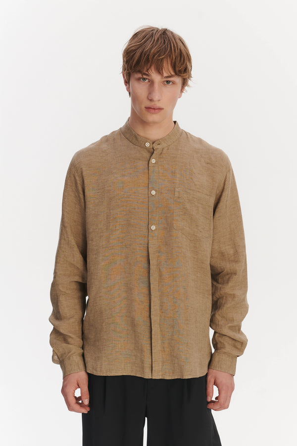 Delikatessen Zen Grandad Collar Shirt In A Khaki Portuguese Linen