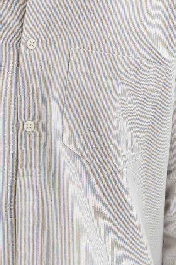 Delikatessen Zen Grandad Collar Shirt In A Light Brown Cream And Blue Subtle Striped Portuguese Cotton