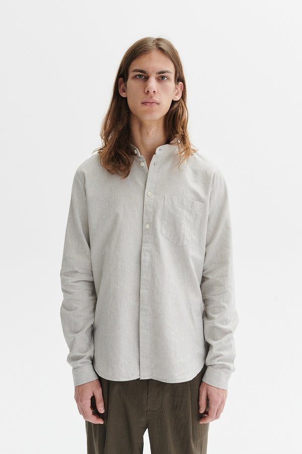 Delikatessen Zen Grandad Collar Shirt In A Light Brown Cream And Blue Subtle Striped Portuguese Cotton