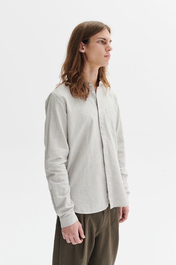 Delikatessen Zen Grandad Collar Shirt In A Light Brown Cream And Blue Subtle Striped Portuguese Cotton