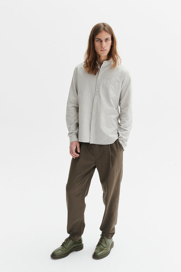 delikatessen Zen Grandad Collar Shirt in a Light Brown Cream and Blue Subtle Striped Portuguese Cotton delikatessen Zen Grandad Collar Shirt in a Light Brown Cream and Blue Subtle Striped Portuguese Cotton