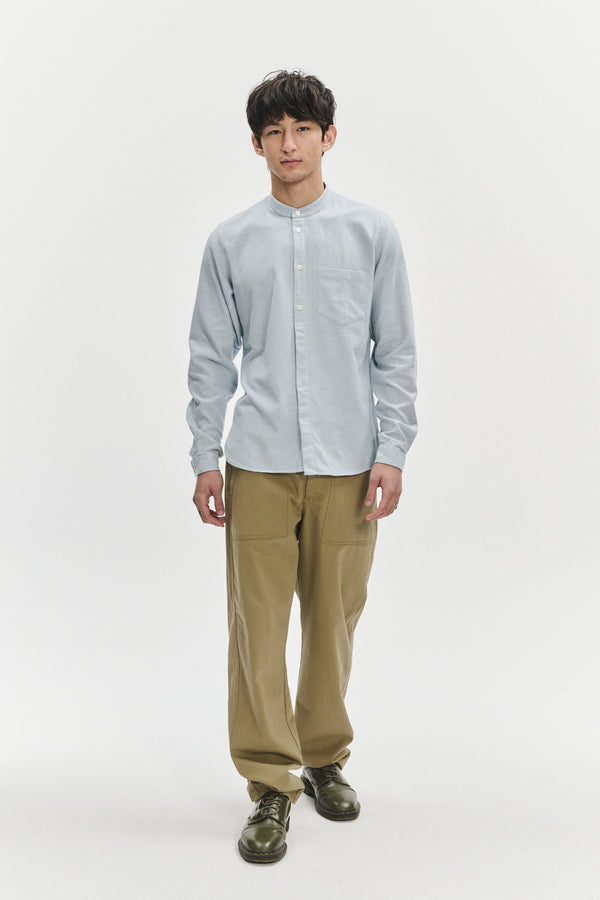 Delikatessen Zen Grandad Collar Shirt In A Pale Sky Blue Italian Double Brushed Italian Cotton Flannel