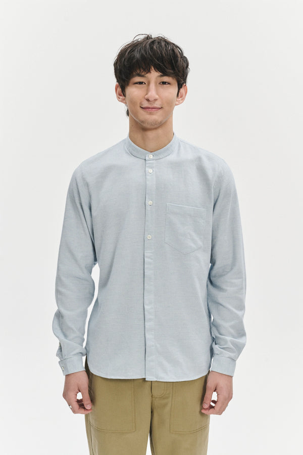 Delikatessen Zen Grandad Collar Shirt In A Pale Sky Blue Italian Double Brushed Italian Cotton Flannel