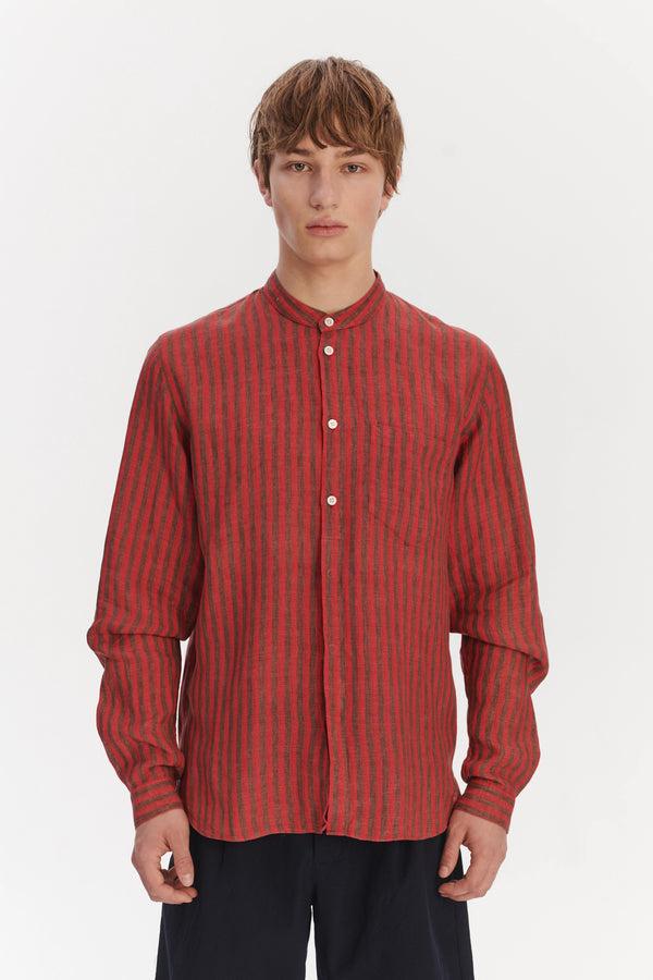 Delikatessen Zen Grandad Collar Shirt In A Red And Brown Striped Italian Linen