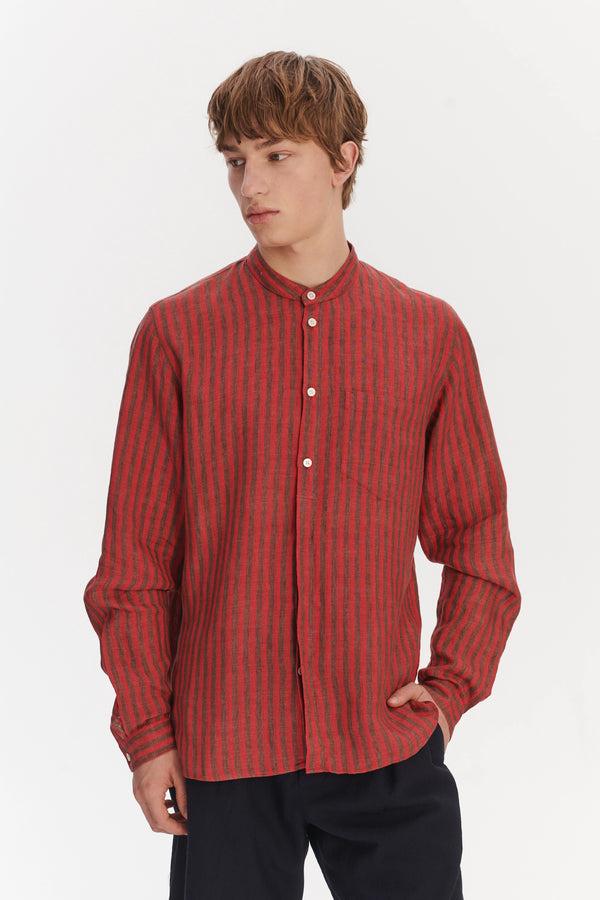 Delikatessen Zen Grandad Collar Shirt In A Red And Brown Striped Italian Linen