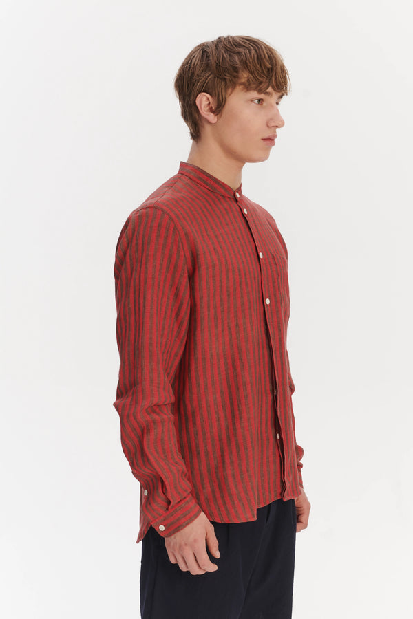Delikatessen Zen Grandad Collar Shirt In A Red And Brown Striped Italian Linen