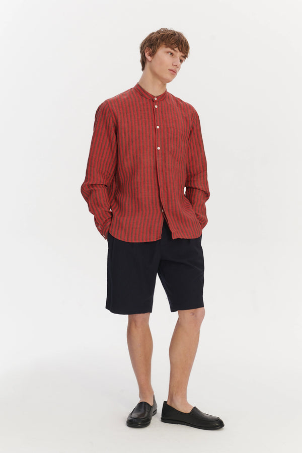 delikatessen Zen Grandad Collar Shirt in a Red and Brown Striped Italian Linen