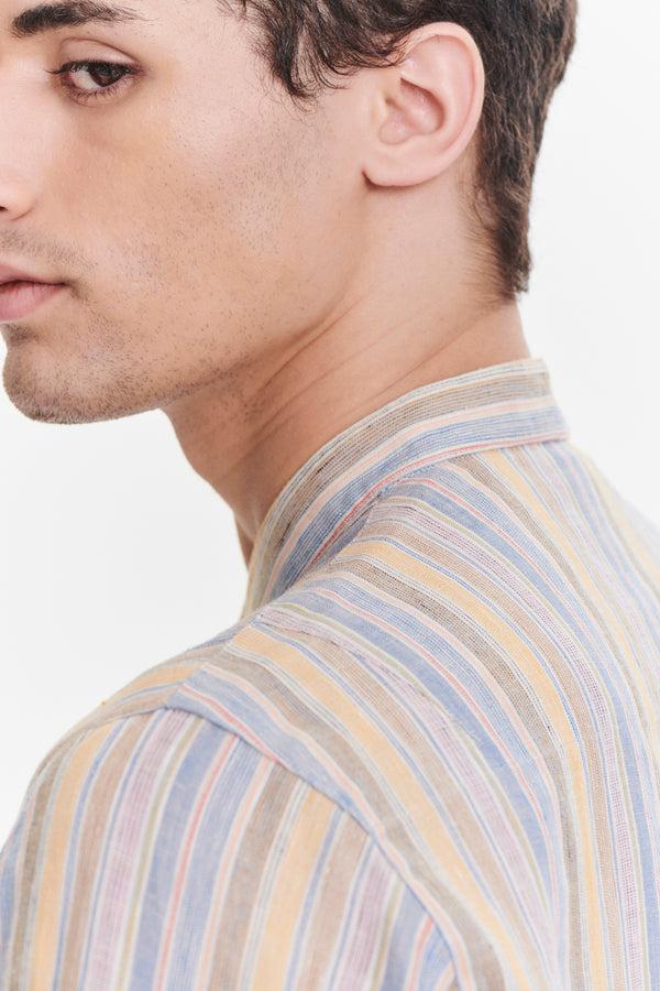 Delikatessen Zen Grandad Collar Shirt In A White Blue Yellow Beige Pink And Orange Striped Portuguese Linen