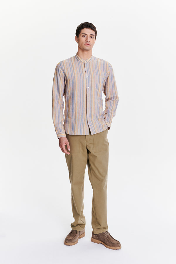 Delikatessen Zen Grandad Collar Shirt In A White Blue Yellow Beige Pink And Orange Striped Portuguese Linen