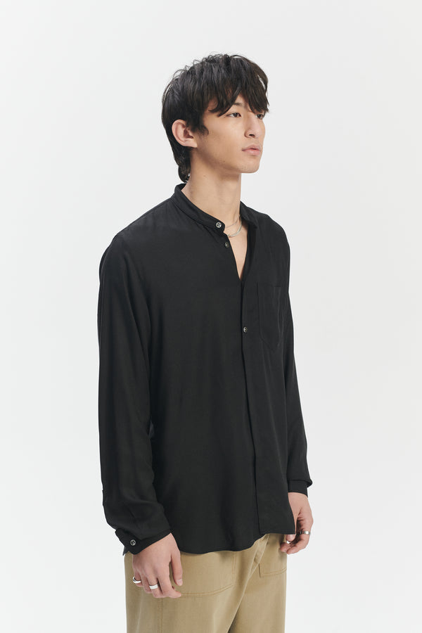 Delikatessen Zen Grandad Collar Shirt In The Finest Black Italian Modal